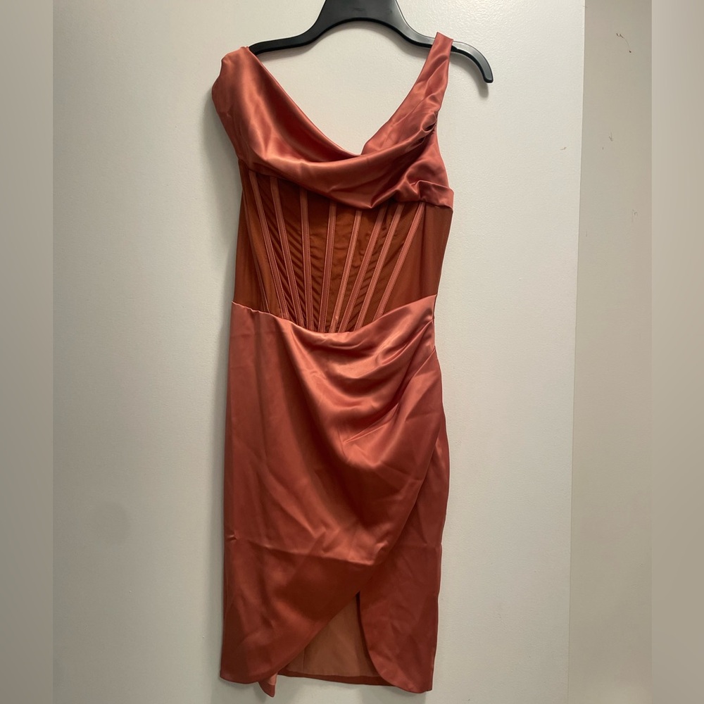 Brown corset off the shoulder satin dress